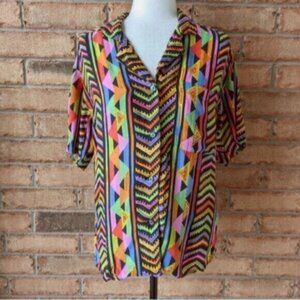 Vintage 100% silk Galinda retro neon short sleeve button down shirt